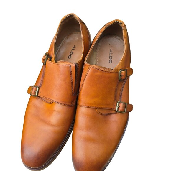 Brown ALDO Mens Monk Strap Leather Shoes Size 10 Cognac JJJ4106 - Picture 5 of 14